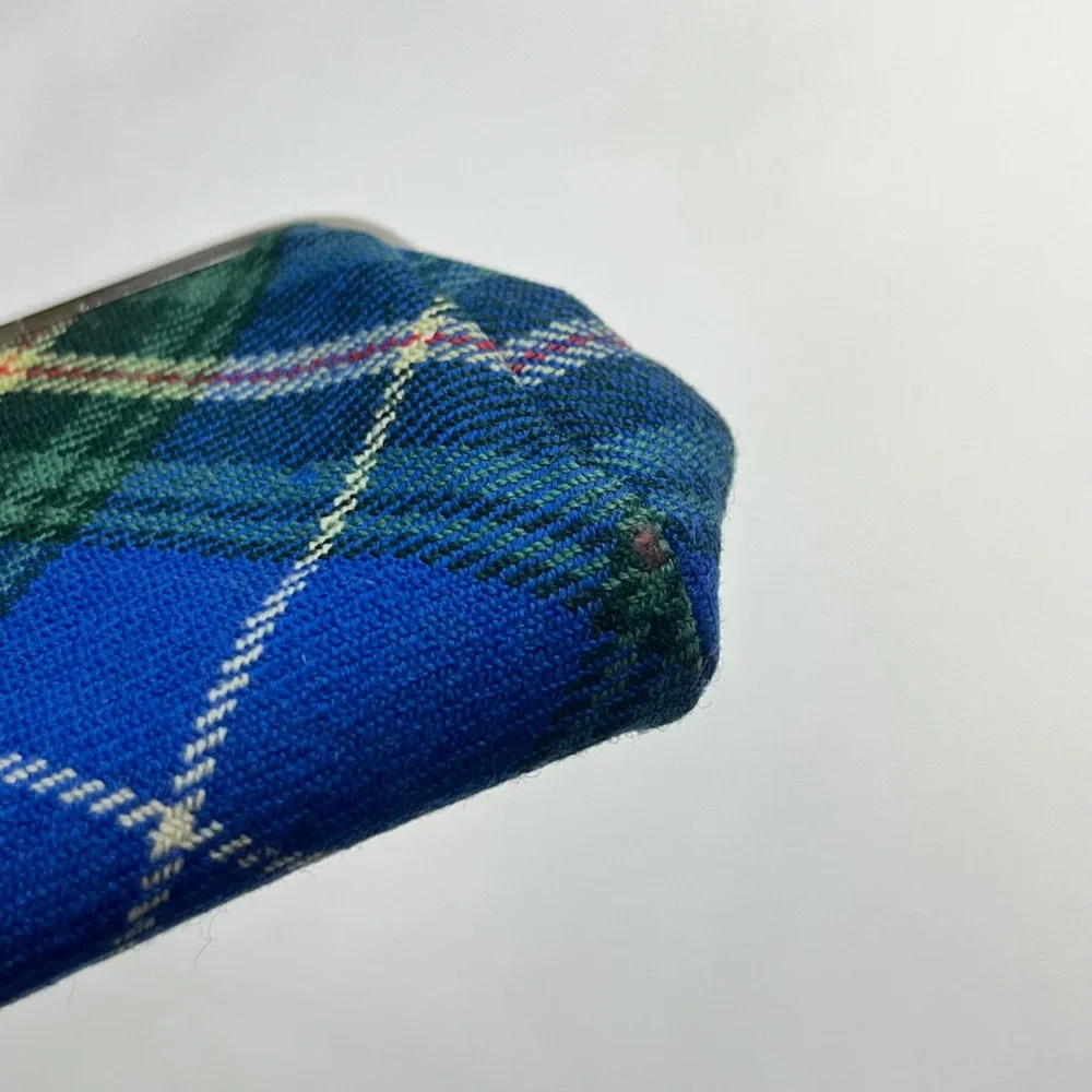 Vintage Blue Green Plaid Tartan Coin Purse Kiss Lock Clasp Small Pouch Wallet‎
